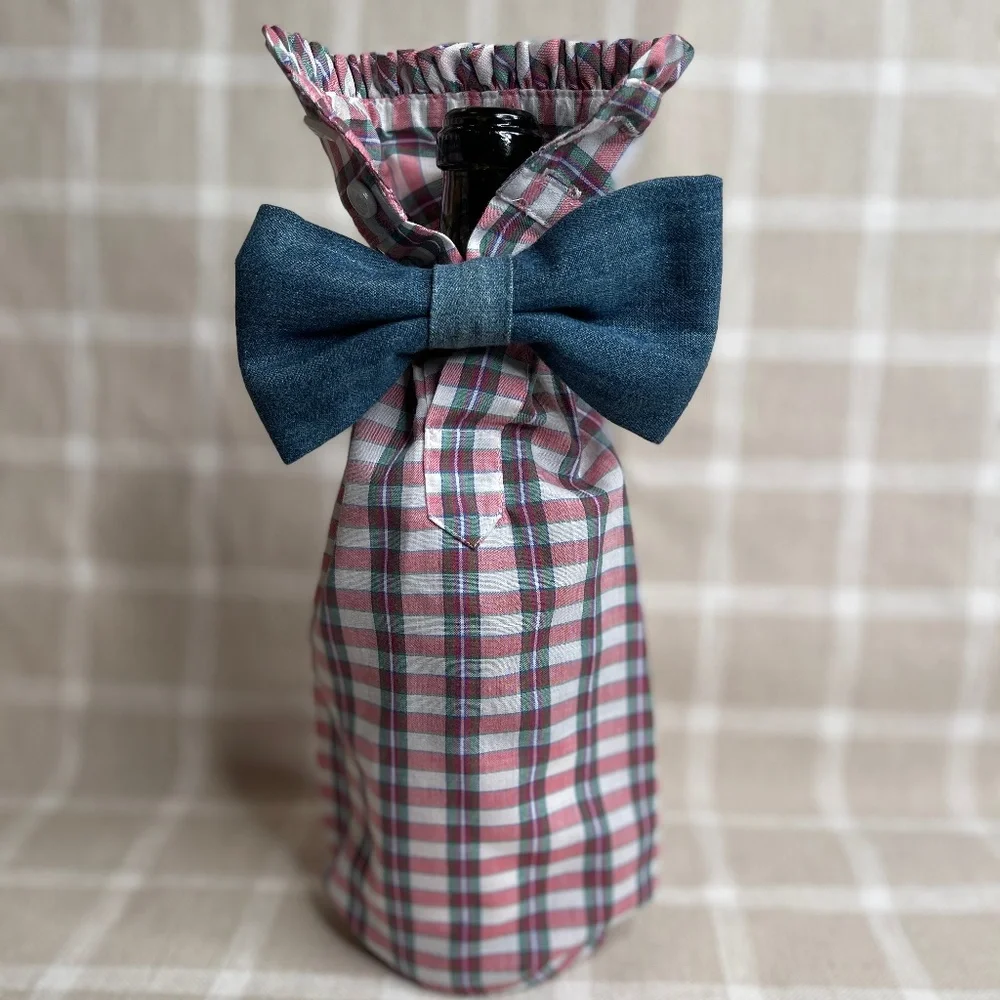 Handcrafted Wine or Liquor Bottle Gift Bag Made From Shirt and Tie